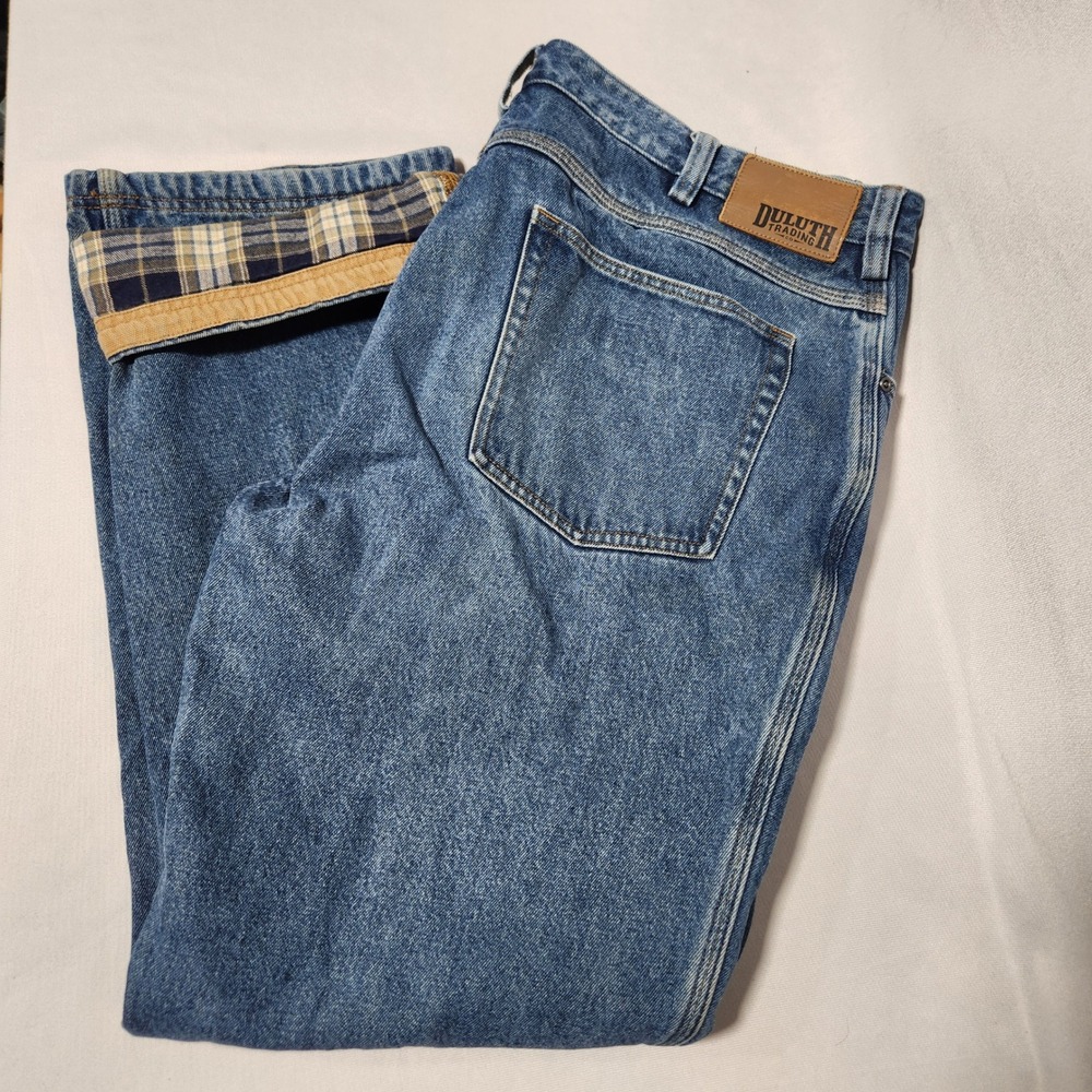 Duluth Trading Co Mens Flannel Lined Blue Denim Work Jeans Plaid Insulated 40x30